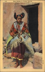 Indigenous Hopi Maiden in Formal Hair-do American Indian Linen Postcard