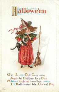 Nash Embossed Halloween Postcard H-14 Witch in Red w/ Black Cat & Broom
