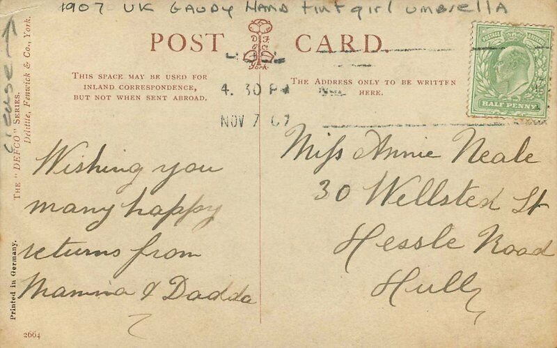 UK Gaudy hand tint girl 1907 umbrella Defco #2664 Postcard 22-5179