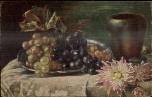 Fruit Place Vase & Flowers Still Life c1910 Postcard LA CARTE OLIO