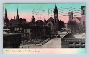 Seven Church Spires Des Moines Iowa IA 1912 DB Postcard P12
