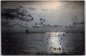 1906 Light Reflection on the Ocean Sailboats By Far Clouds Above Posted Postcard