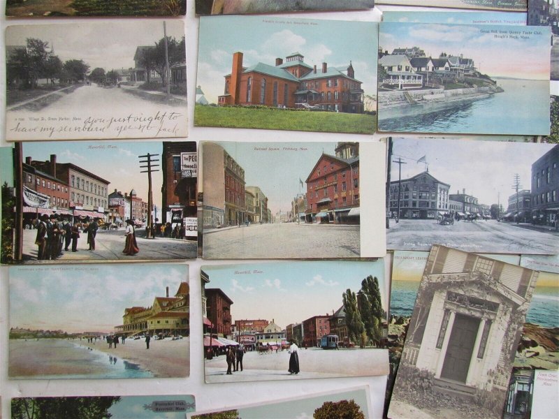 MASSACHUSETTS lot of 48 MA ANTIQUE POSTCARDS w/ SOME RPPCs