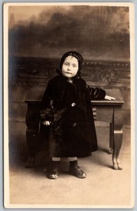 c1910 RPPC Real Photo Postcard Georgianna Densmore Standing by Oak Table