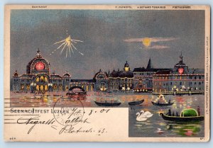 Switzerland Postcard Lake Night Festival Lucerne Moonlight Scene 1901 Antique