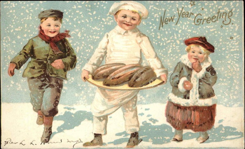 New Year Little Boy Chef Loaves of Bread Int'l Art c1910 Vintage Postcard