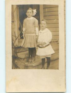 Pre-1920's rppc PRETTY GIRL WITH BOW IN HAIR & BUTTON SHOES WITH BROTHER r6272