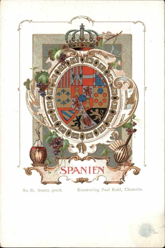 Spain Crest Heraldic Patriotic Paul Kohl c1890s Postcard