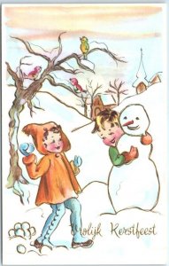 M-77173 Merry Christmas with Children playing in the snow Painting/Art Print