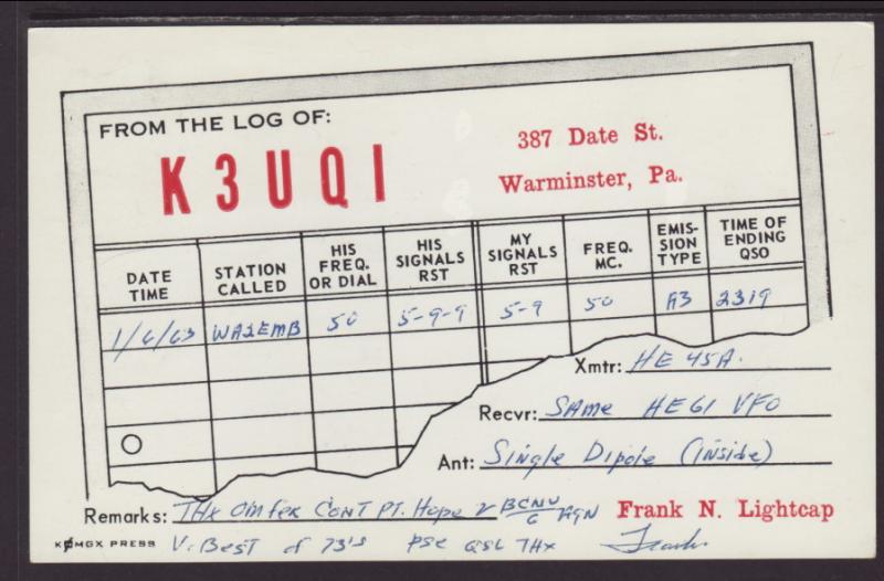 K3UQI,Westminster,PA QSL Postcard