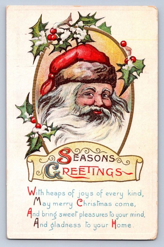 J99/ Santa Claus Christmas Postcard c1910 Holly 398