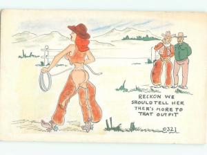 Pre-1980 Risque Comic western COWBOYS NOTICE COWGIRL IS NOT WEARING PANTS AB6962