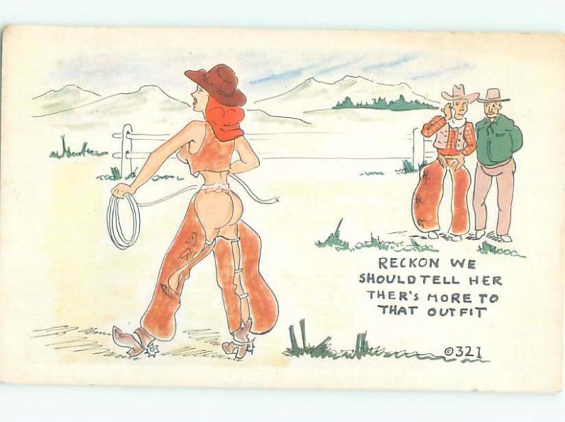 Pre-1980 Risque Comic western COWBOYS NOTICE COWGIRL IS NOT WEARING PANTS AB6962