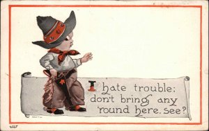 Children Comic Boy Cowboy Hates Trouble c1910s Postcard