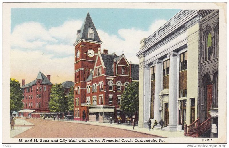 Exterior View, M. and M. Bank and City Hall with Durfee Memorial Clock, Clock...