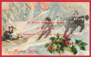 Christmas, Winsch NC No WIN04-1, Boys Pulling Girl on Sleigh Up Hill