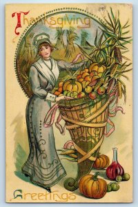 1911 Thanksgiving Greetings Woman Cornucopia Fruits Gel Gold Gilt Postcard