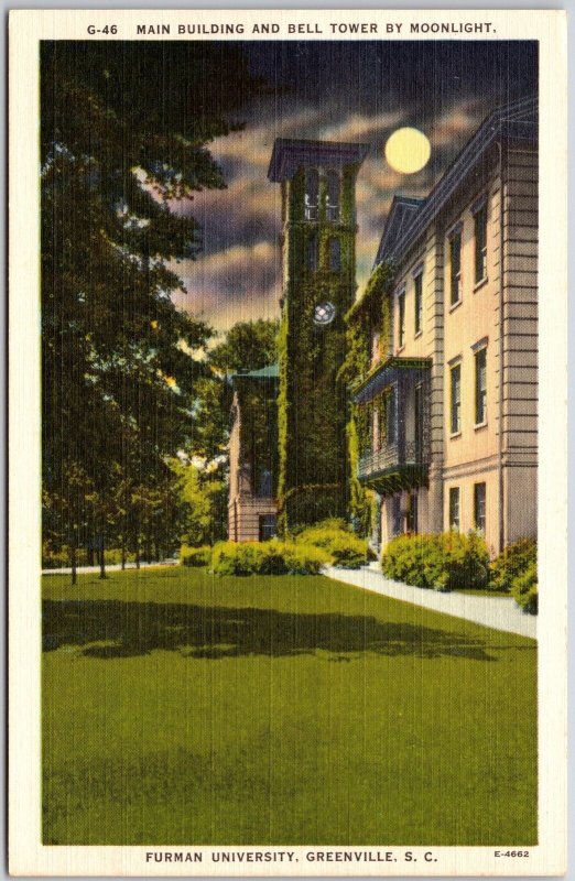 Main Building & Bell Tower By Moonlight Greenville South Carolina SC Postcard