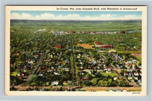 La Cross WI-Wisconsin, Aerial, Grandad Bluff, Mississippi Bridge, Linen Postcard
