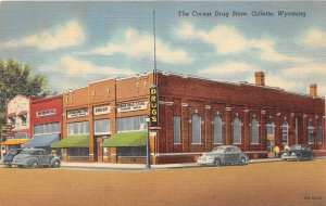 F89/ Gilette Wyoming Postcard Linen Corner Drug Store Automobiles