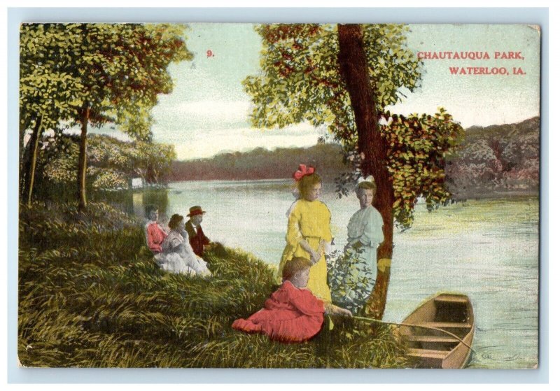 1908 Chautauqua Park Childrens Fishing Boat Waterloo Iowa IA Antique Postcard