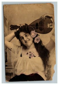 Vintage 1907 RPPC Postcard Studio Portrait Woman with Mandolin Humorous