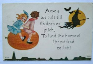 Vintage Halloween Postcard Kids Flying On Pumpkin Chases A Witch 857 FA Owen 