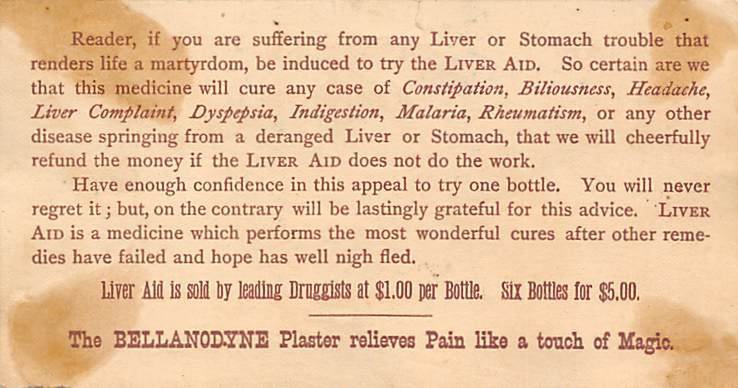 Approx. Size: 2.5 x 4.75 Dr. Grosvenor's liver aid  Late 1800's Tradecard Non  