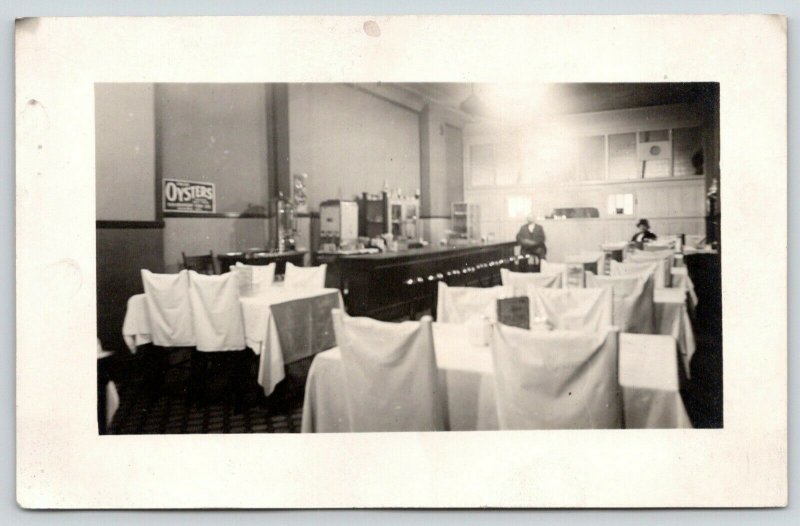 RPPC Get Oysters in Cafe~Coffee Pot~White Tablecloths~Chairs Draped, Too~c1910 