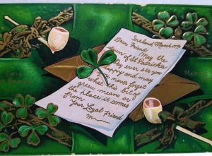 St Patrick's Day Postcard Erin Go Bragh Ireland March 17th Pipe Clovers Series 3