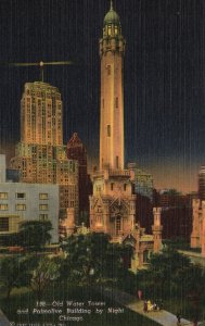 Palmolive Building Old Water Tower By Night Structure Chicago Illinois Postcard