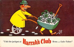 Reno Nevada Harrah's Club Man with Money in Wheelbarrow Ad Postcard JF685803