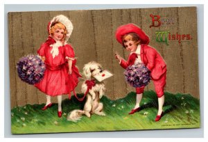 Vintage 1910's Best Wishes Postcard Cute Dog Holds Letter Edwardian Children