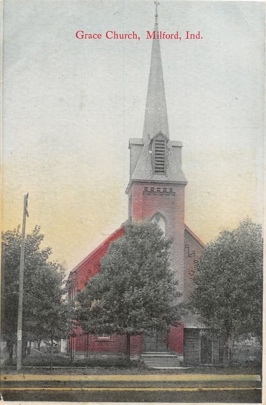 F93/ Milford Indiana Postcard 1909 Grace Church Building