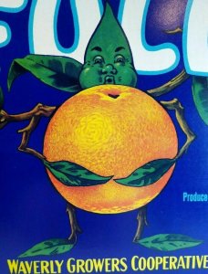 Full Orange Humanized Anthropomorphic Fruit Crate Label Vintage Original 1940s