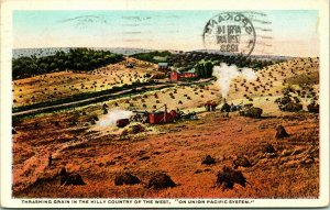 Vtg Postcard Threshing Grain on the Hilly Country of the West On Union Pacific