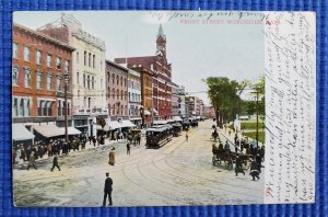 Vtg c Front Street Street Cars Horse Drawn Carriages Worchester Mass Postcard