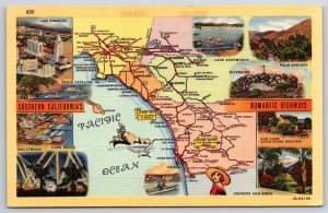 State Maps~Southern California Highways~Palm Springs~Long Beach~Linen Postcard