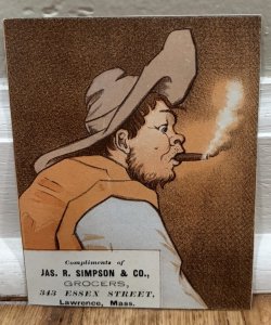 Victorian Trade Card Jas. Simpson Antique Lawrence Massachusetts Cowboy Smoking!