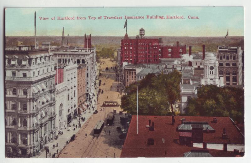 P1081 birds eye view hartford conn street scene trollies people buildings etc