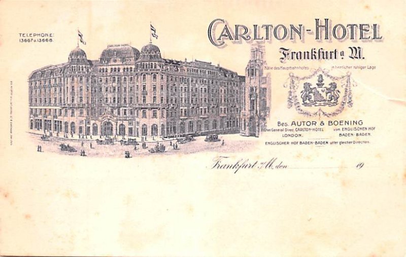 Carlton Hotel Frankfurt Germany Writing on back 