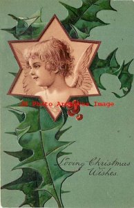 Christmas, PFB No 7840-3, Angel in Star Frame Hanging on Holly Leaves