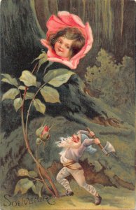 Souvenir 1908 Fantasy Dwarf Chops Humanized Rose Girl Ax embossed postcard B992