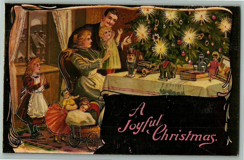 1907-15 A Joyful Christmas Merrimack Postcard Family Gifts Tree Gold Foil  