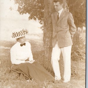 c1910s Classy People Posing in Nature RPPC Trees Fancy Hat Dress Suit Photo A212