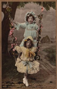 Vintage Postcard 1910's Bestfriends Children Swing Park Friendship Cute Girls