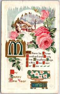 1912 A Happy New Year Flower Landscape Pink Rose Greetings Card Posted Postcard