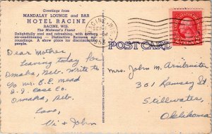 Linen Postcard Mandalay Lounge & Bar Hotel Racine Racine, Wisconsin~136572