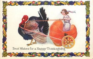 Thanksgiving Postcard T6 Turkey Pulls Girl in Pumpkin Chariot Fruit Border