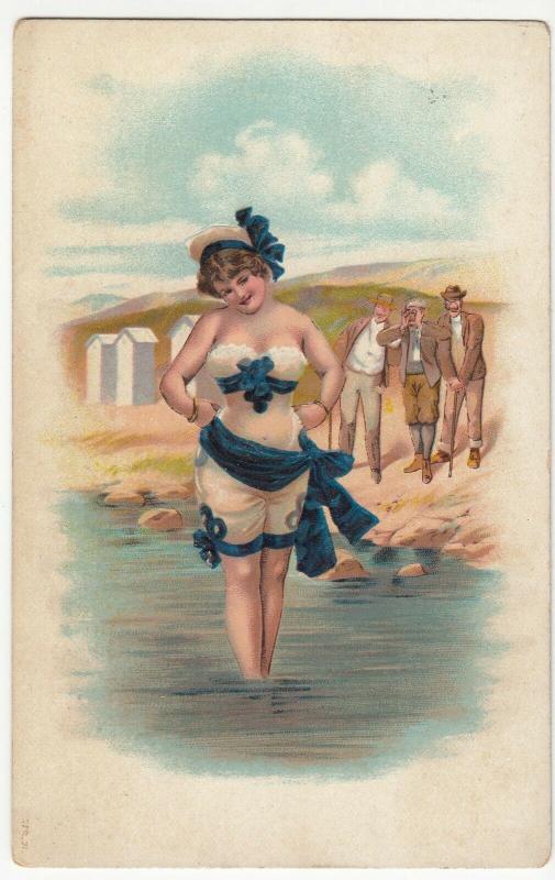 Embossed; Bathing Beauty & Her Audience Litho PPC, Unused, c 1905, Series 71